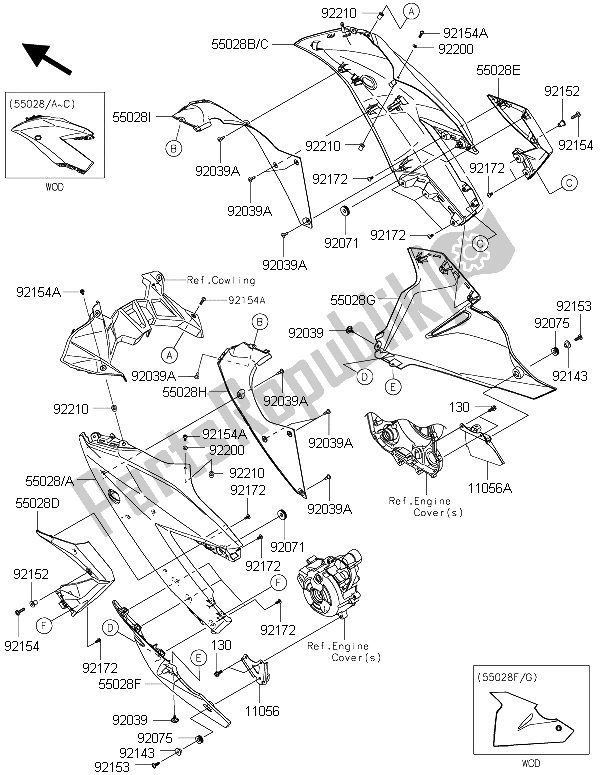 All parts for the Cowling Lowers of the Kawasaki Ninja 250 SL 2015