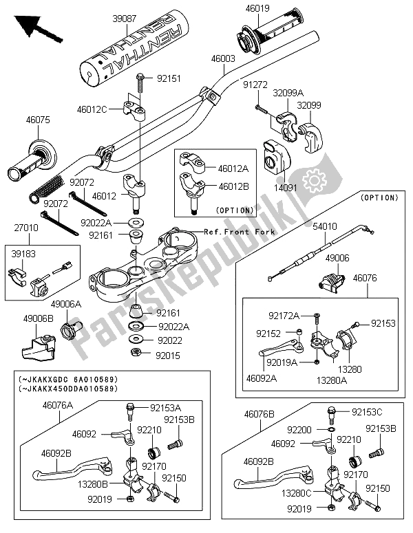 All parts for the Handlebar of the Kawasaki KX 450F 2006