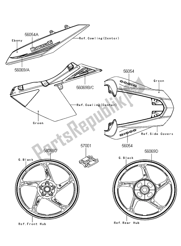 All parts for the Decals (green) of the Kawasaki Z 1000 2011