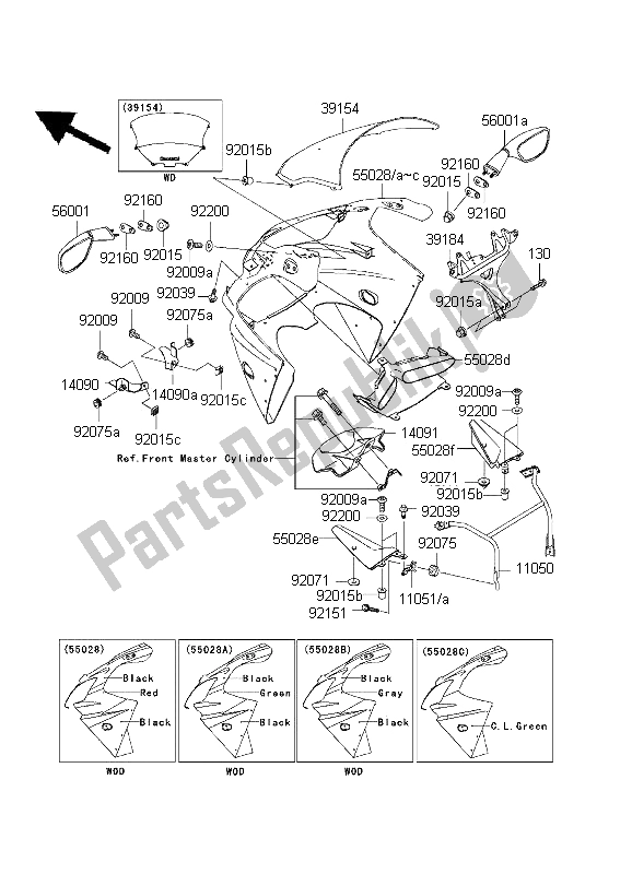 All parts for the Cowling of the Kawasaki Ninja ZX 9R 900 2001