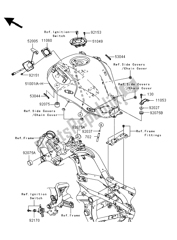 All parts for the Fuel Tank of the Kawasaki Versys 650 2008