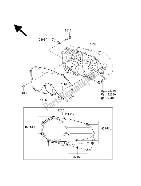 All parts for the Right Engine Covers of the Kawasaki VN 800 Drifter 2000