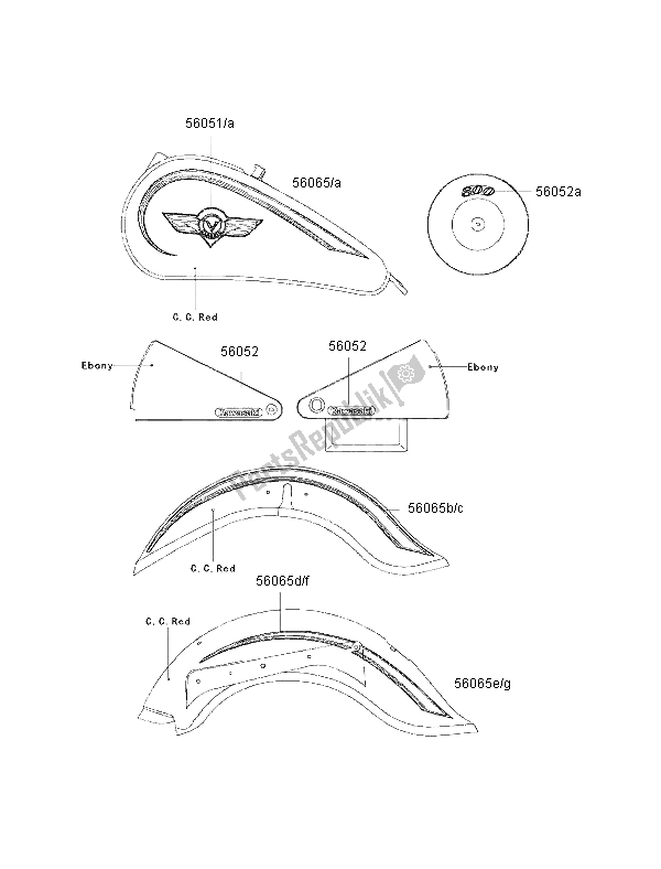 All parts for the Decals (c. C. Red) of the Kawasaki VN 800 Classic 2002