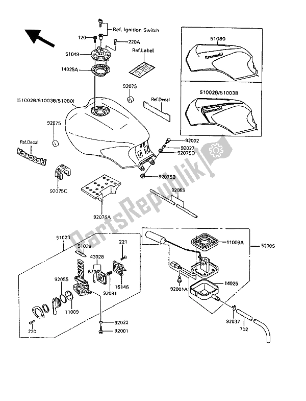 All parts for the Fuel Tank of the Kawasaki 1000 GTR 1992