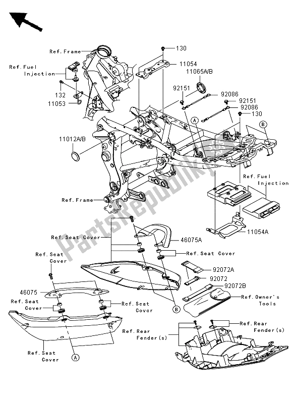 Alle onderdelen voor de Frame Hulpstukken (jkaex650aba022143) van de Kawasaki ER 6F ABS 650 2006