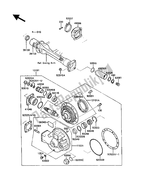 All parts for the Drive Shaft & Final Gear of the Kawasaki 1000 GTR 1986