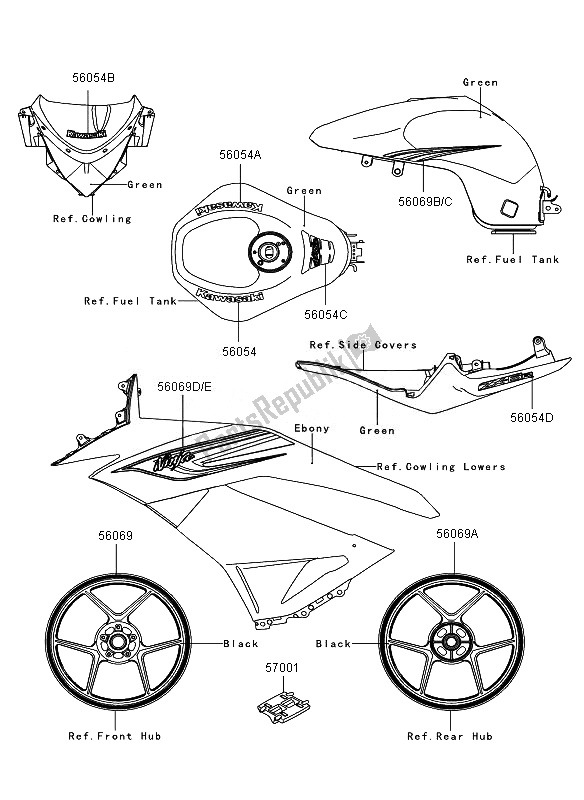 All parts for the Decals (greeen) of the Kawasaki Ninja ZX 6R 600 2011