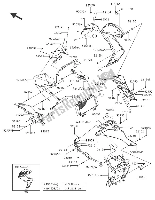 Wszystkie części do Os? Ona Obni? A Si? Kawasaki Z 300 2016