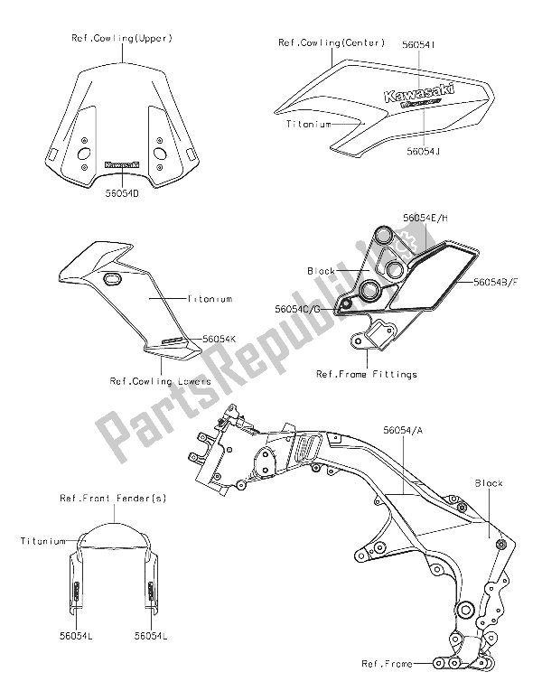 All parts for the Decals (titanium) of the Kawasaki Versys 1000 2016