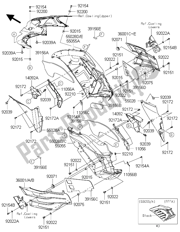 All parts for the Cowling (center) of the Kawasaki ZZR 1400 ABS 2015