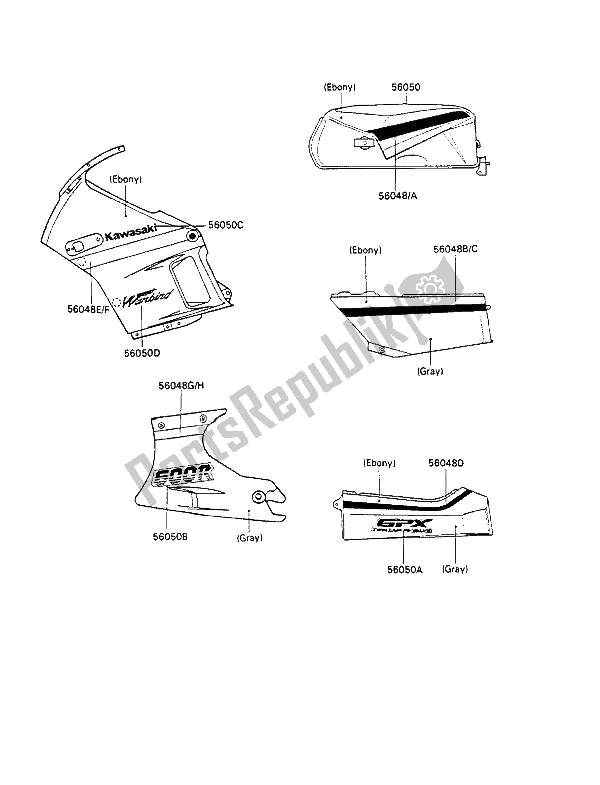 Todas las partes para Calcomanías (ébano - Pistolas De Bronce) de Kawasaki GPX 600R 1990