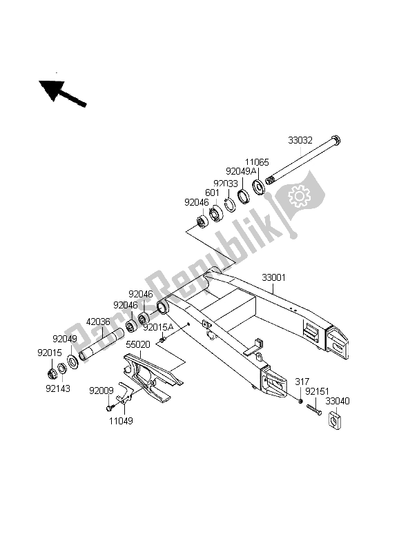 All parts for the Swingarm of the Kawasaki Ninja ZX 6R 600 1999