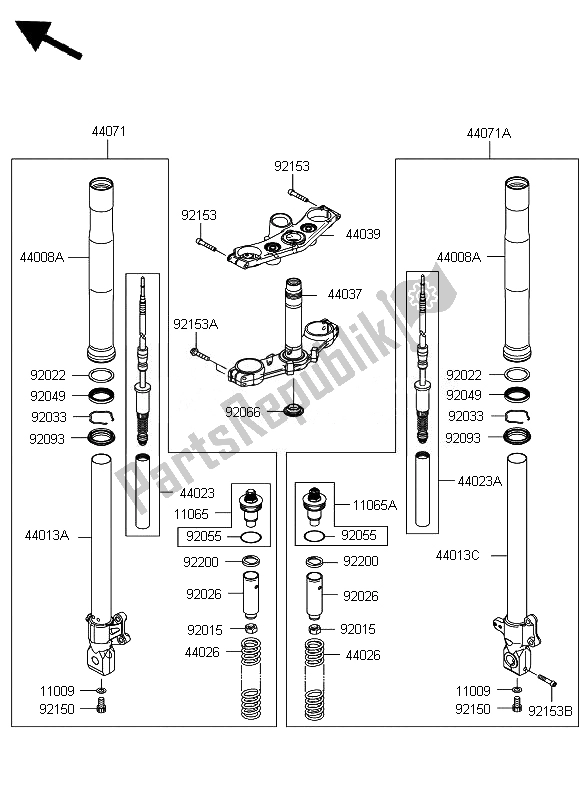 Alle onderdelen voor de Voorvork van de Kawasaki Z 750 2010