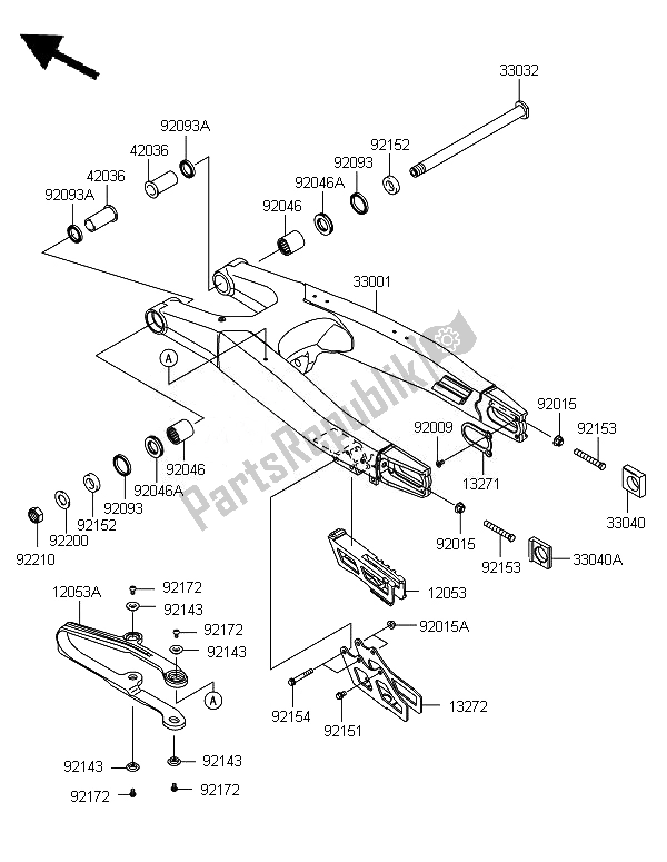 All parts for the Swingarm of the Kawasaki KX 250F 2010