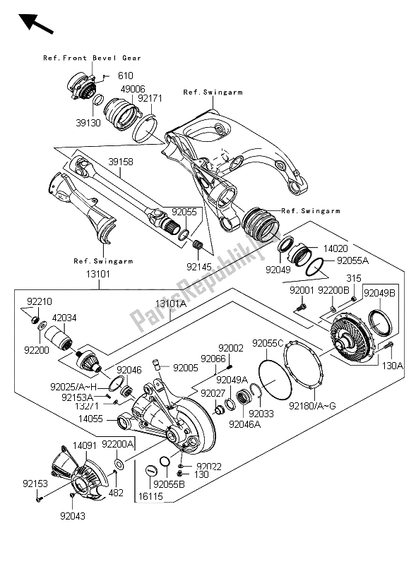 Toutes les pièces pour le Arbre D'entraînement Et Engrenage Final du Kawasaki 1400 GTR ABS 2012