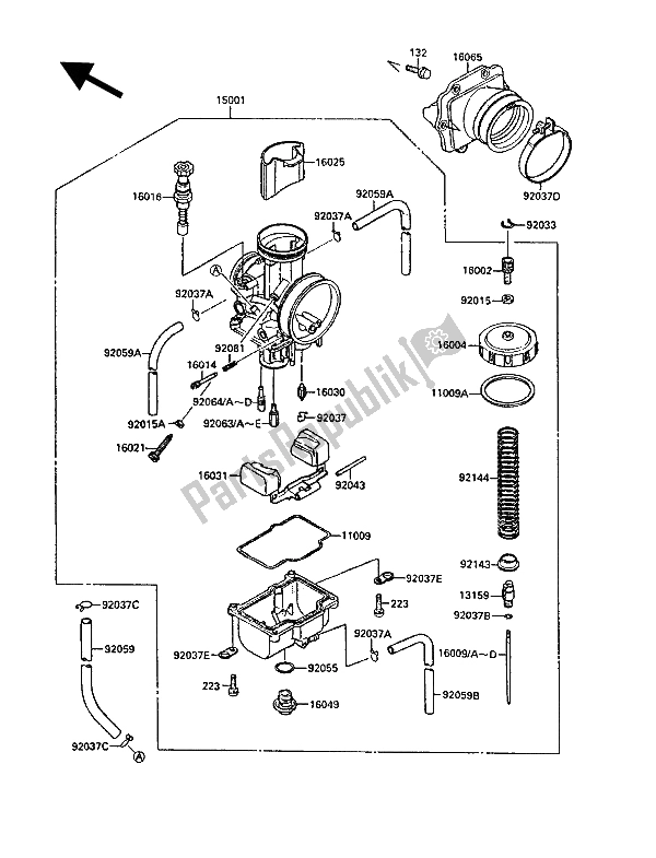 Alle onderdelen voor de Carburator van de Kawasaki KX 250 1988