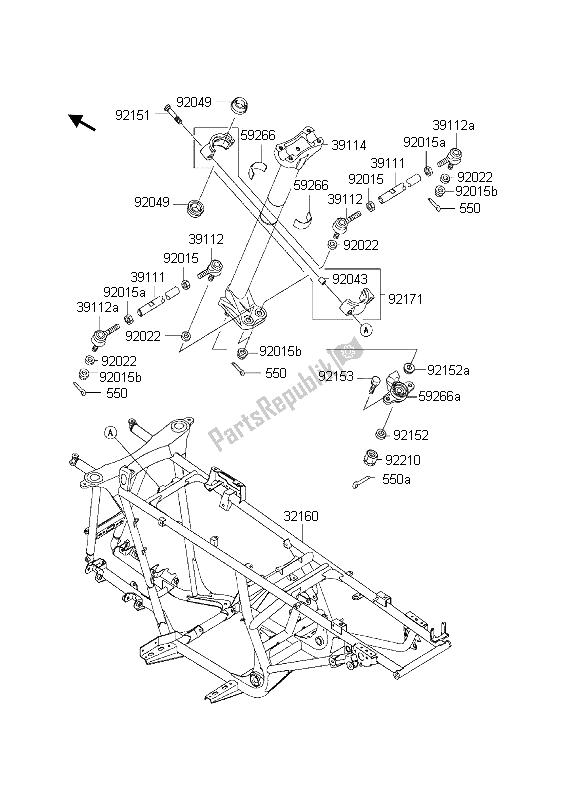 All parts for the Frame of the Kawasaki KVF 650 4X4 2003