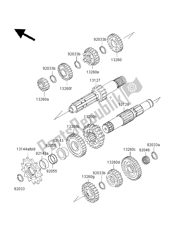 All parts for the Transmission of the Kawasaki KX 250 2001