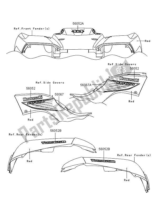 All parts for the Decals (red) (eu,uk) of the Kawasaki KVF 650 4X4 2006