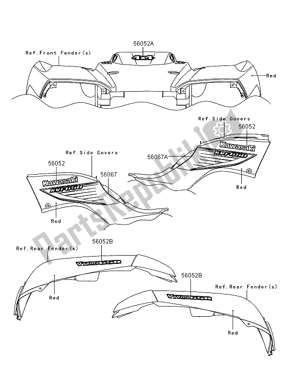 Tutte le parti per il Decalcomanie (rosso) (eu, Uk) del Kawasaki KVF 650 4X4 2006