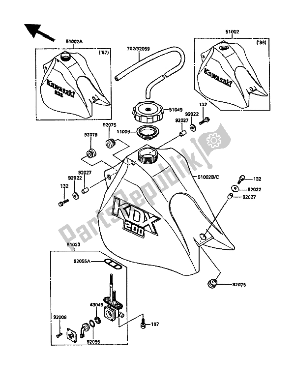 Tutte le parti per il Serbatoio Di Carburante del Kawasaki KDX 200 1988