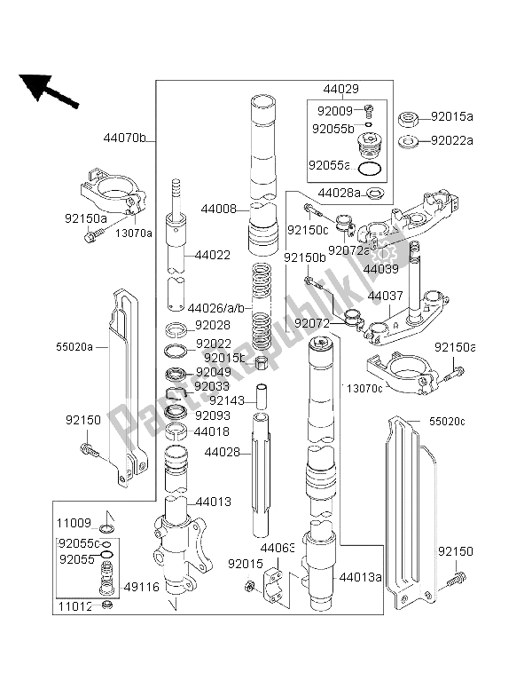 Alle onderdelen voor de Voorvork van de Kawasaki KLX 650R 1999