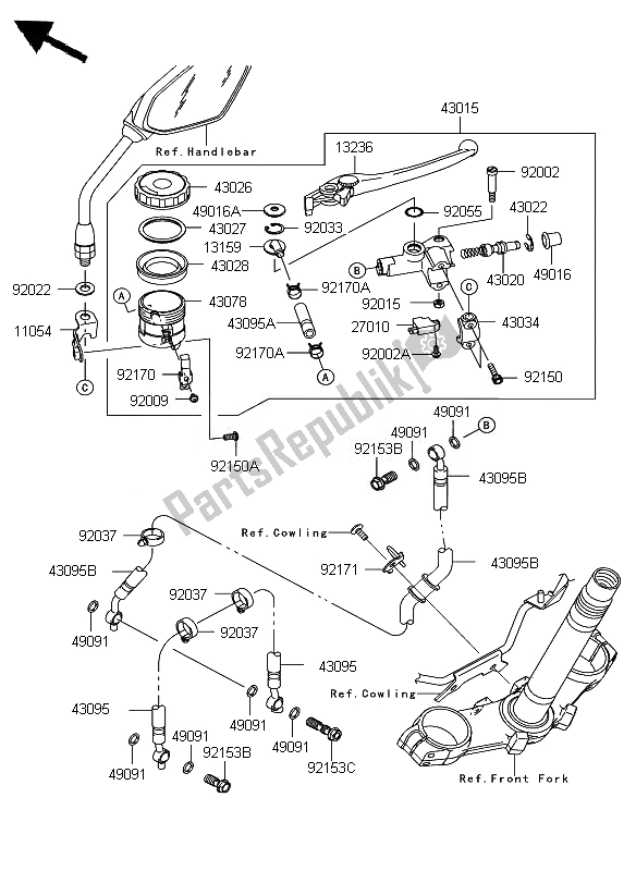 Alle onderdelen voor de Voorste Hoofdcilinder van de Kawasaki Z 750 2007