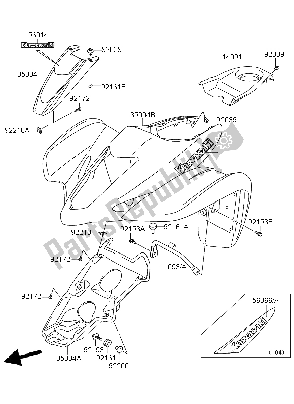 All parts for the Front Fender of the Kawasaki KFX 400 2004