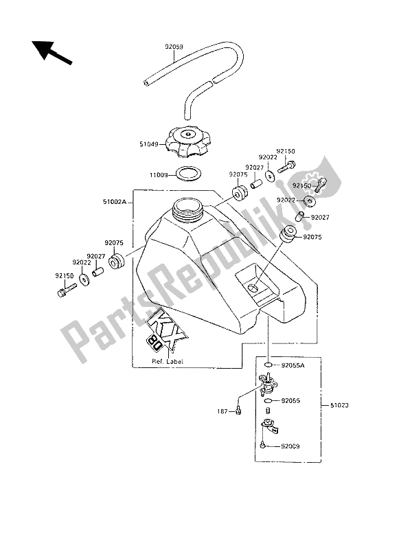 All parts for the Fuel Tank of the Kawasaki KX 80 1989