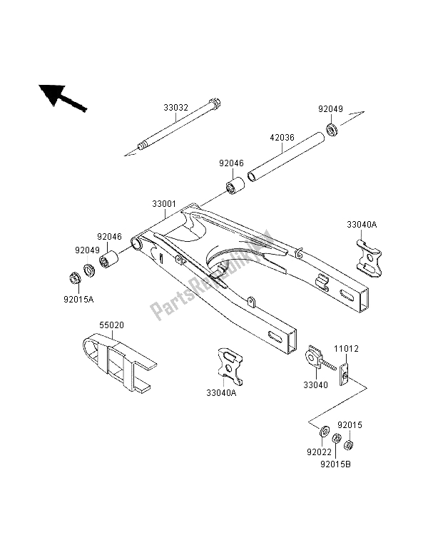 Alle onderdelen voor de Achterbrug van de Kawasaki GPZ 500S UK 1998