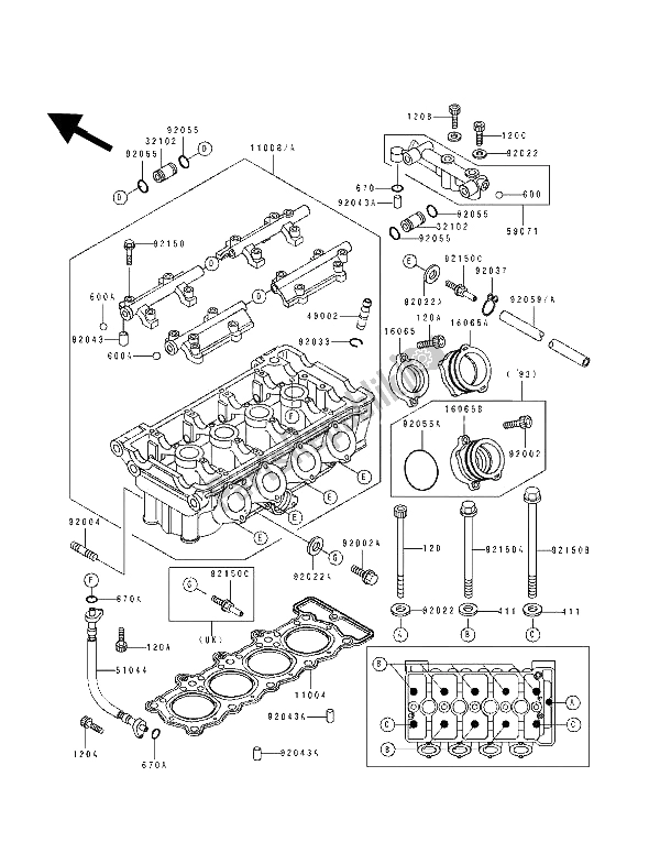 All parts for the Cylinder Head of the Kawasaki ZXR 400 1991