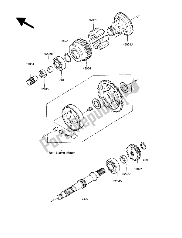 All parts for the Secondary Shaft of the Kawasaki GPX 600R 1990