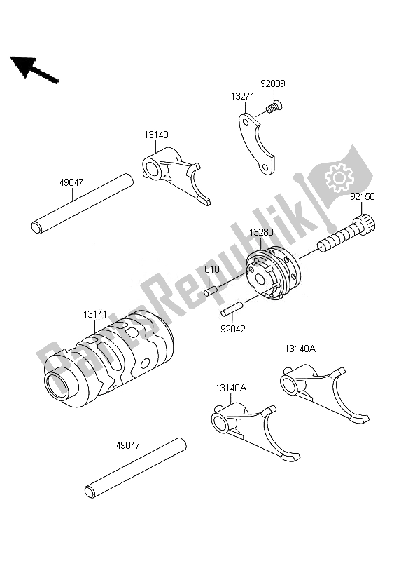 All parts for the Gear Change Drum & Shift Fork of the Kawasaki KX 65 2010