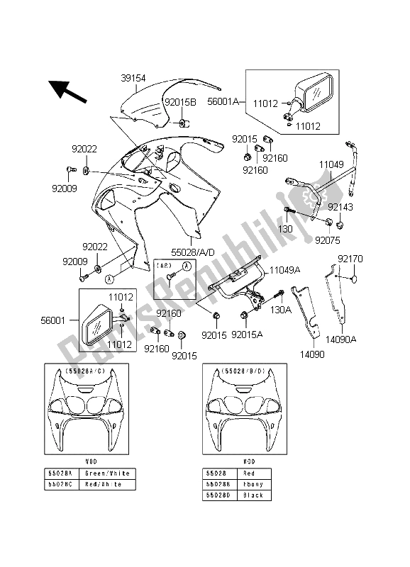 All parts for the Cowling of the Kawasaki Ninja ZX 7R 750 1998