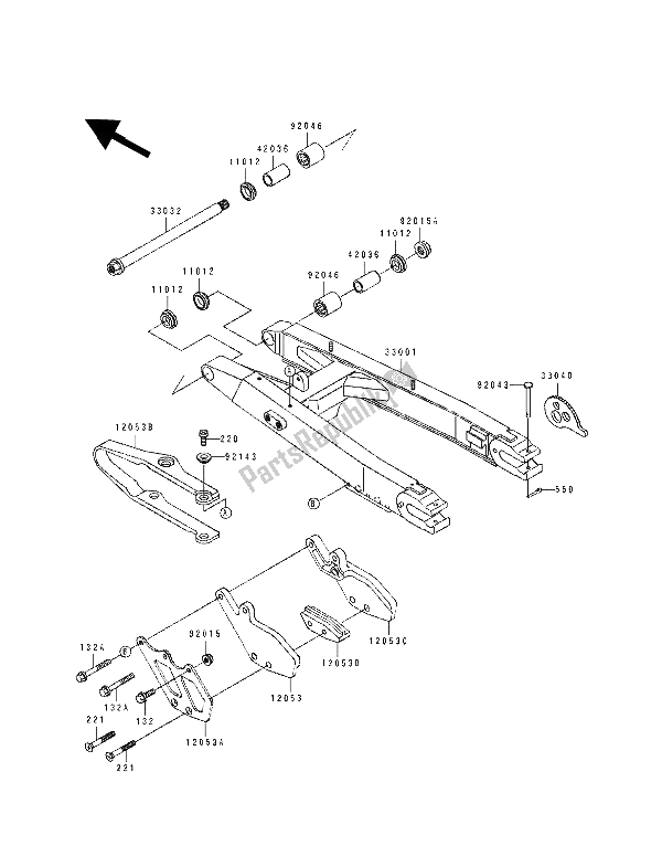 Alle onderdelen voor de Zwenkarm van de Kawasaki KDX 200 1989