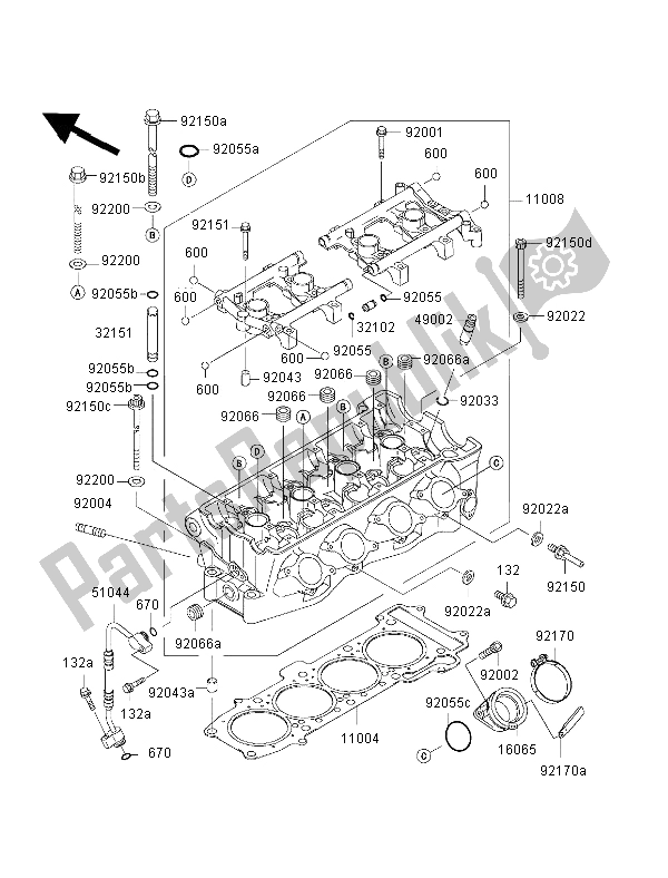 All parts for the Cylinder Head of the Kawasaki Ninja ZX 7R 750 2002