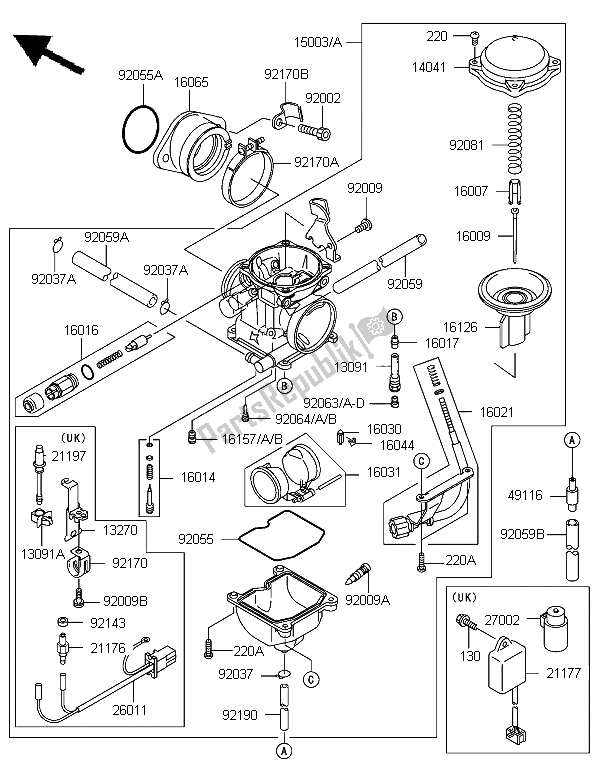 Alle onderdelen voor de Carburator van de Kawasaki KLF 300 2006