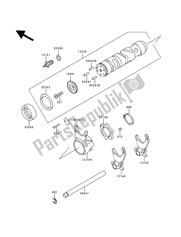 All parts for the Change Drum & Shift Fork of the Kawasaki Zephyr 750 1993