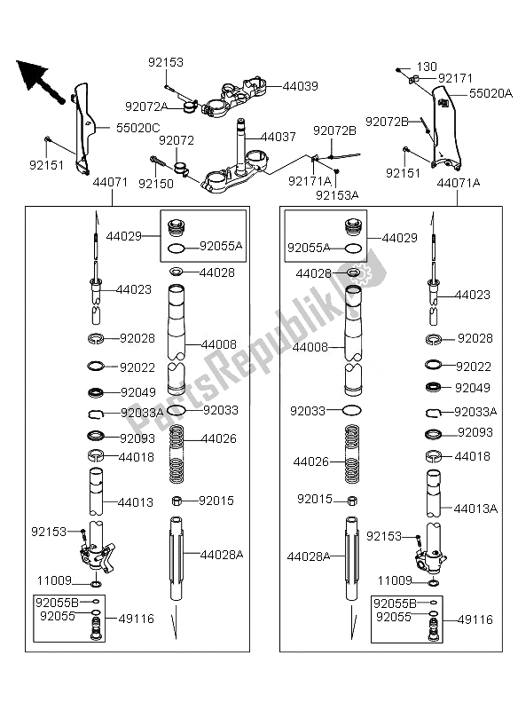 Alle onderdelen voor de Voorvork van de Kawasaki KLX 250 2010