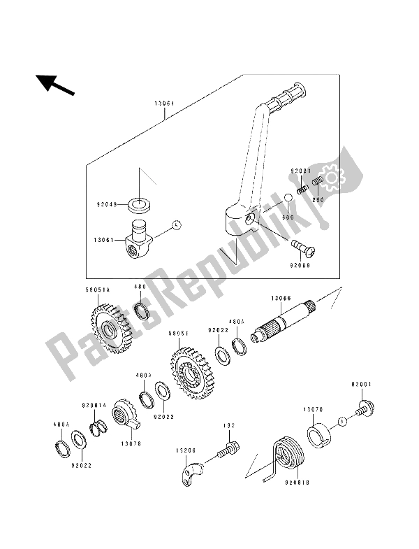 All parts for the Kickstarter Mechanism of the Kawasaki KX 125 1993