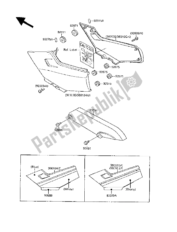 Alle onderdelen voor de Zijafdekkingen En Kettingafdekking van de Kawasaki GPX 250R 1989