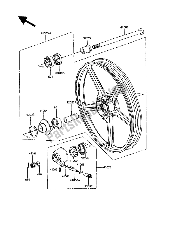 All parts for the Front Hub of the Kawasaki GPZ 305 Belt Drive 1991