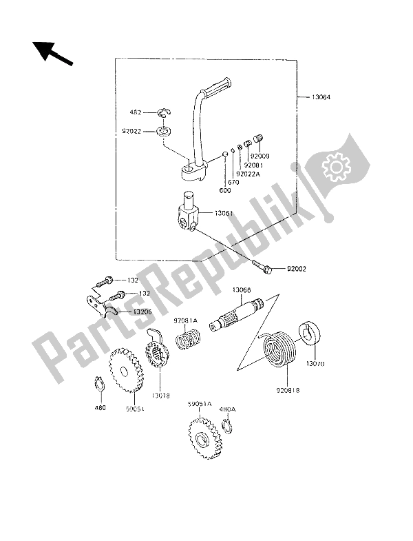 All parts for the Kickstarter Mechanism of the Kawasaki KX 80 1989