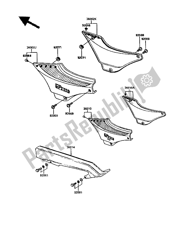 Alle onderdelen voor de Zijafdekkingen En Kettingafdekking van de Kawasaki GPZ 550 1988