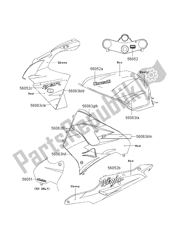 All parts for the Decals (ebony-red) of the Kawasaki Ninja ZX 9R 900 2000