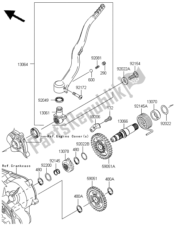 All parts for the Kickstarter Mechanism of the Kawasaki KX 450 2013