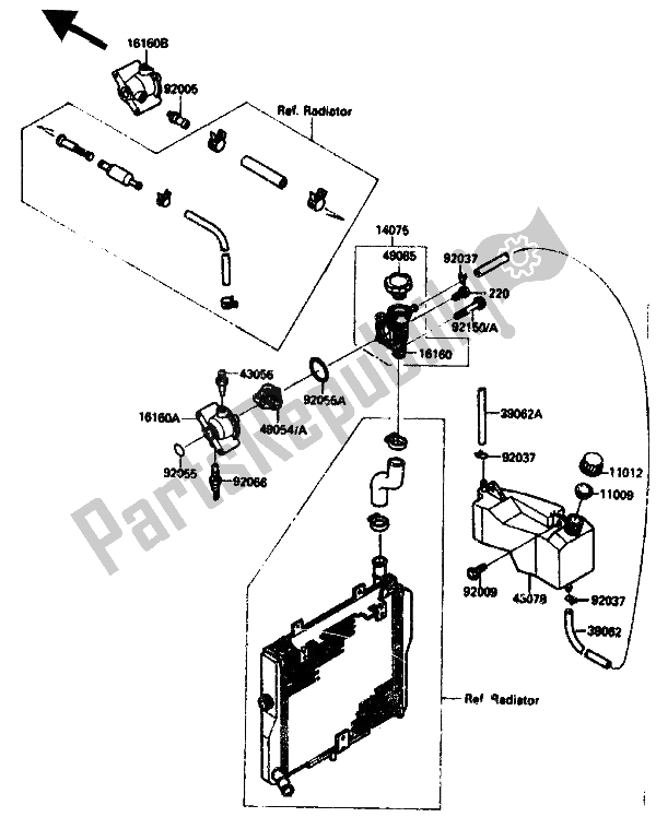 All parts for the Radiator (reservoir) of the Kawasaki ZX 10 1000 1990