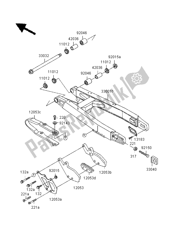 All parts for the Swingarm of the Kawasaki KX 500 1996