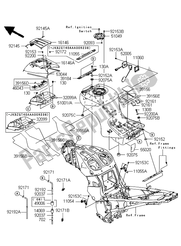 Alle onderdelen voor de Benzinetank van de Kawasaki 1400 GTR 2008