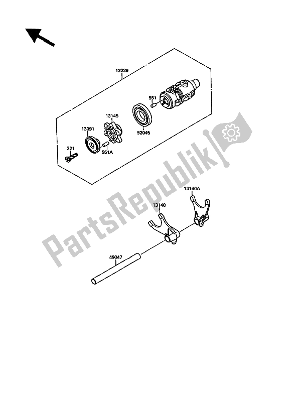 All parts for the Change Drum & Shift Fork of the Kawasaki VN 15 1500 1989